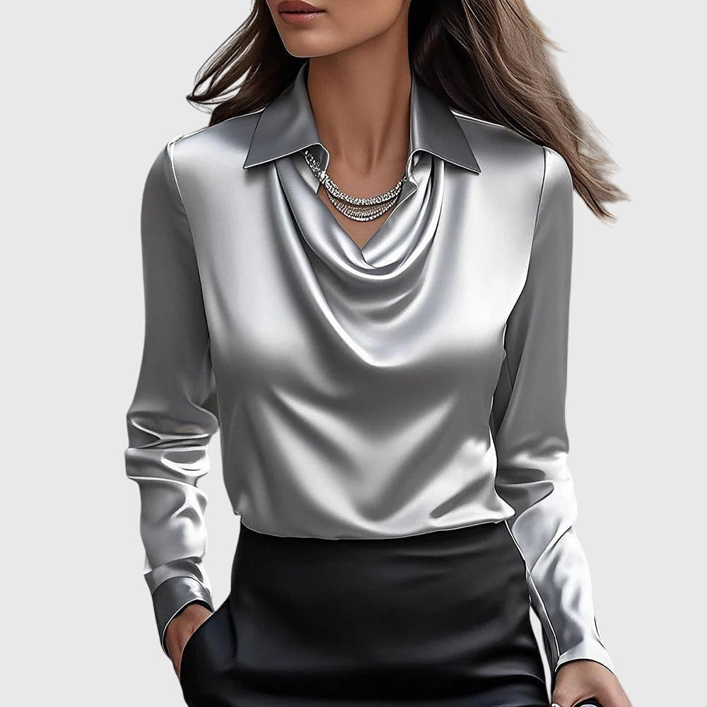 Sylviette | Blouse with luxurious sheen and pleated neckline