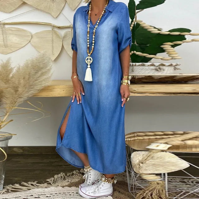 Riley | Long jeans-style dress with side slits