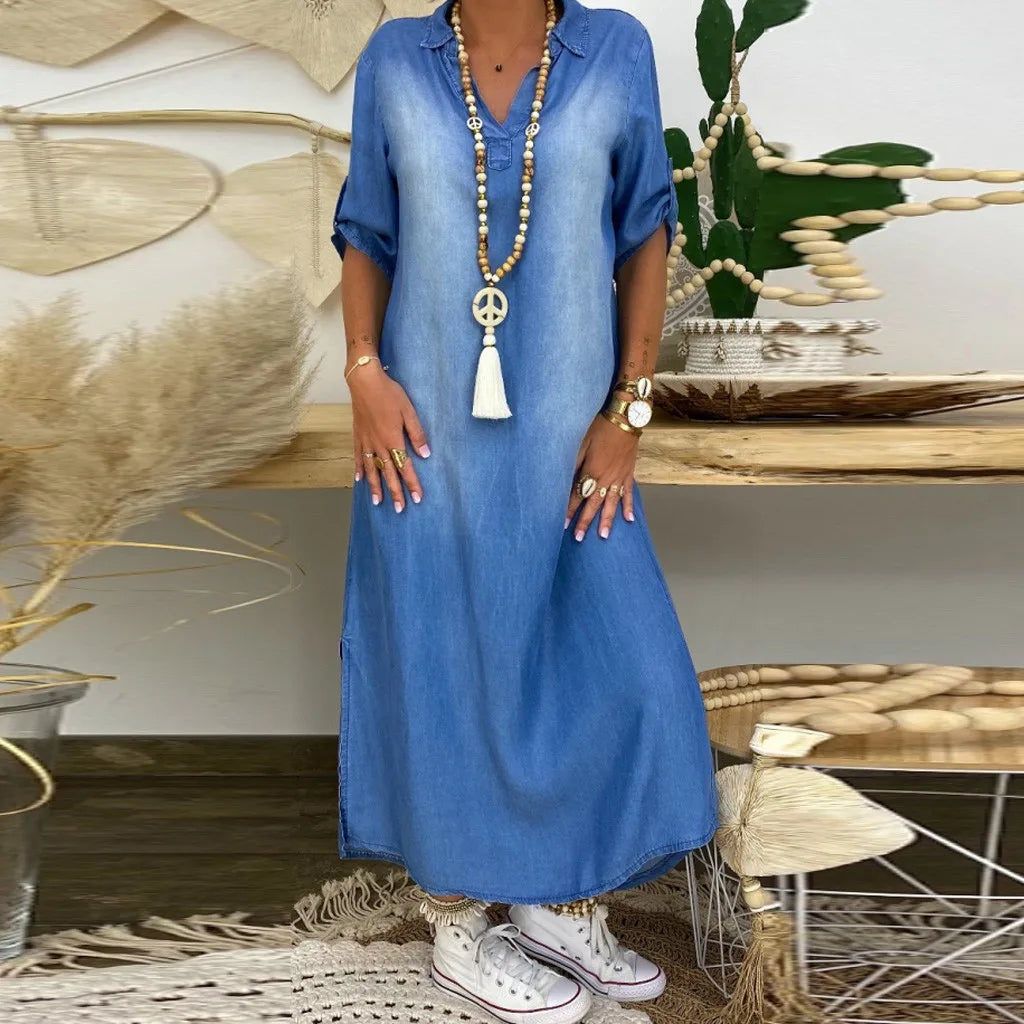 Riley | Long jeans-style dress with side slits