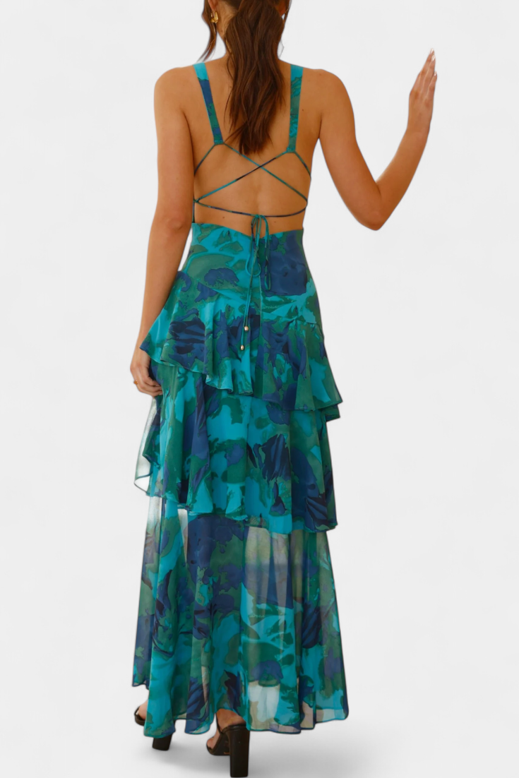 Dominique Chiffon Dress with V-Neck and Flowing Layers