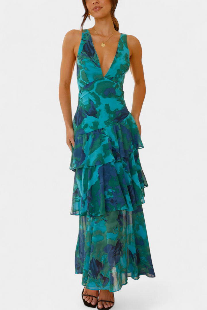 Dominique Chiffon Dress with V-Neck and Flowing Layers