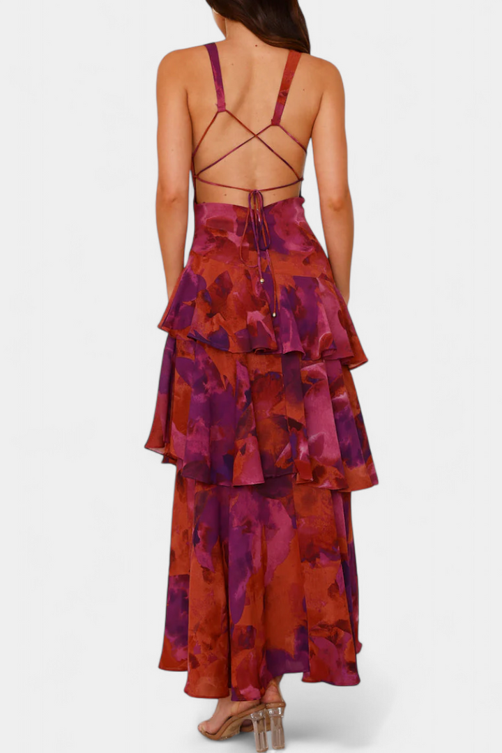 Dominique Chiffon Dress with V-Neck and Flowing Layers