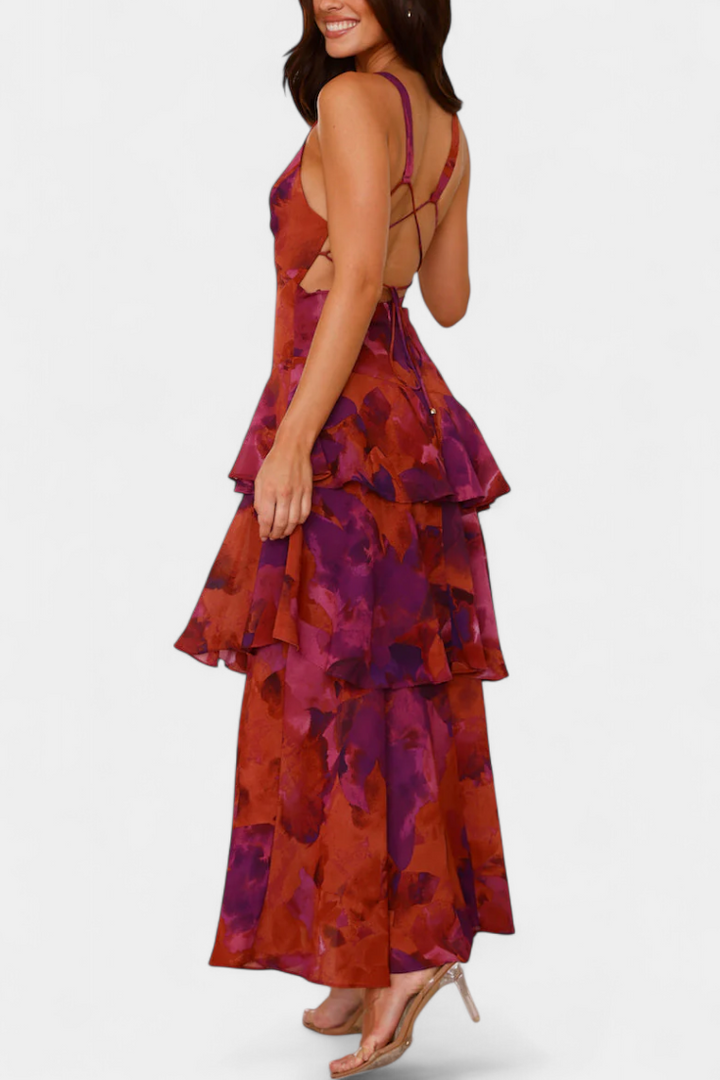 Dominique Chiffon Dress with V-Neck and Flowing Layers