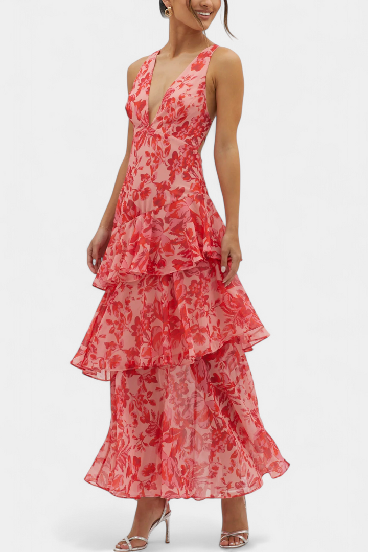 Dominique Chiffon Dress with V-Neck and Flowing Layers