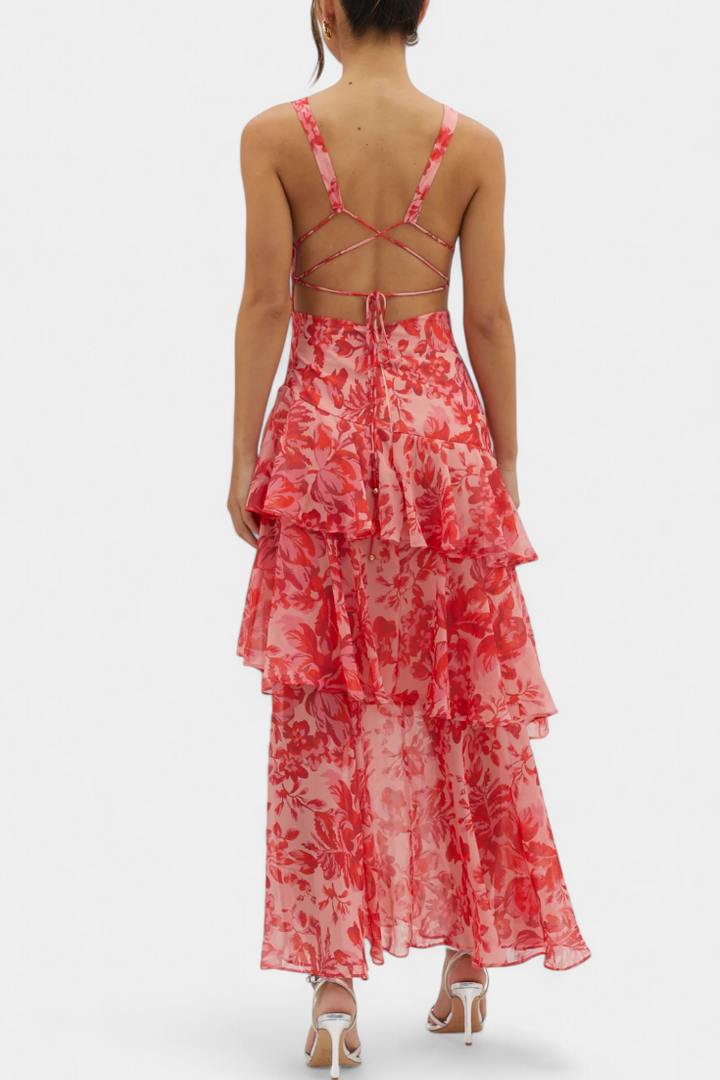 Dominique Chiffon Dress with V-Neck and Flowing Layers