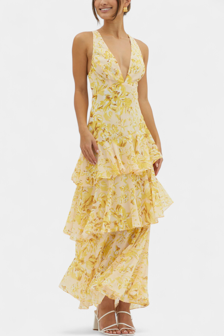Dominique Chiffon Dress with V-Neck and Flowing Layers