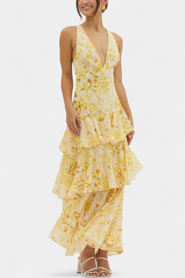 Dominique Chiffon Dress with V-Neck and Flowing Layers
