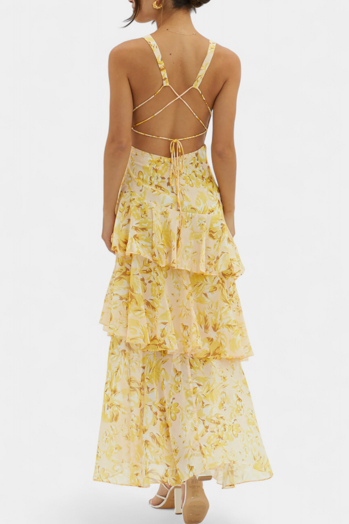 Dominique Chiffon Dress with V-Neck and Flowing Layers