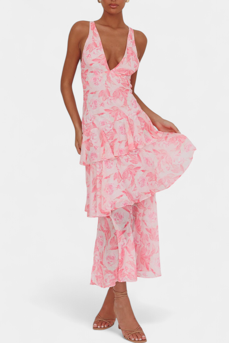 Dominique Chiffon Dress with V-Neck and Flowing Layers