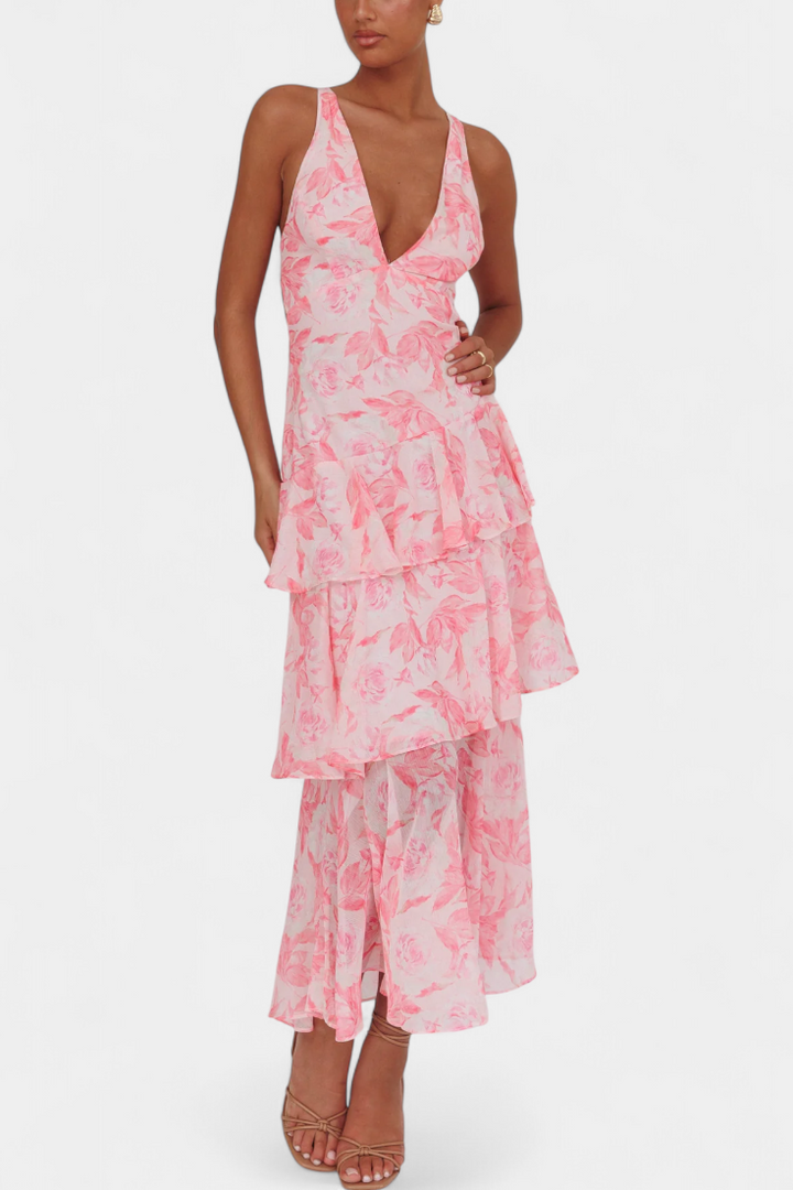 Dominique Chiffon Dress with V-Neck and Flowing Layers
