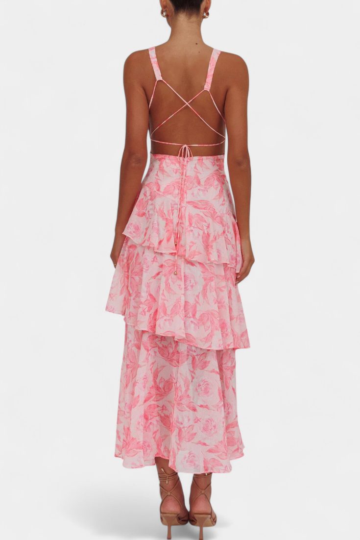 Dominique Chiffon Dress with V-Neck and Flowing Layers