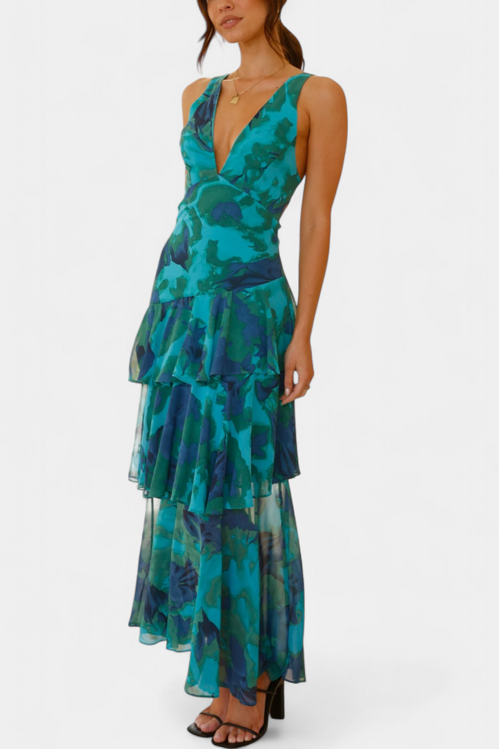 Dominique Chiffon Dress with V-Neck and Flowing Layers
